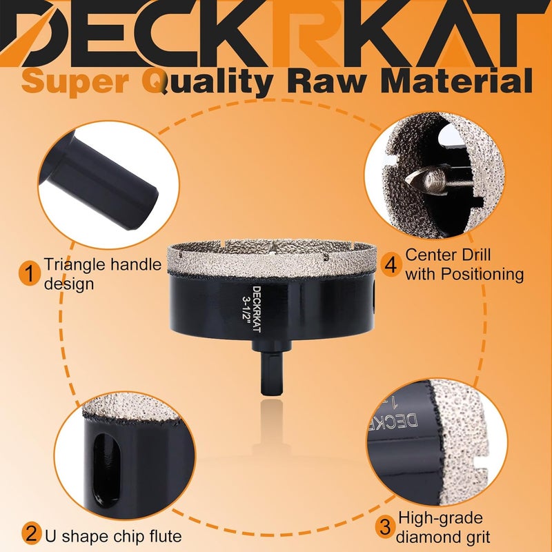 DECKRKAT 3-1/2 inch Diamond Hole-Saw Bits with Pilot Drill Bit -3-1/2" Diamond Tipped Tile Hole Saws with Guiding Bit Accurate Drilling for Porcelain Tile Ceramic Pottery Granite Stone Glass Bottles 90mm. - Image 4